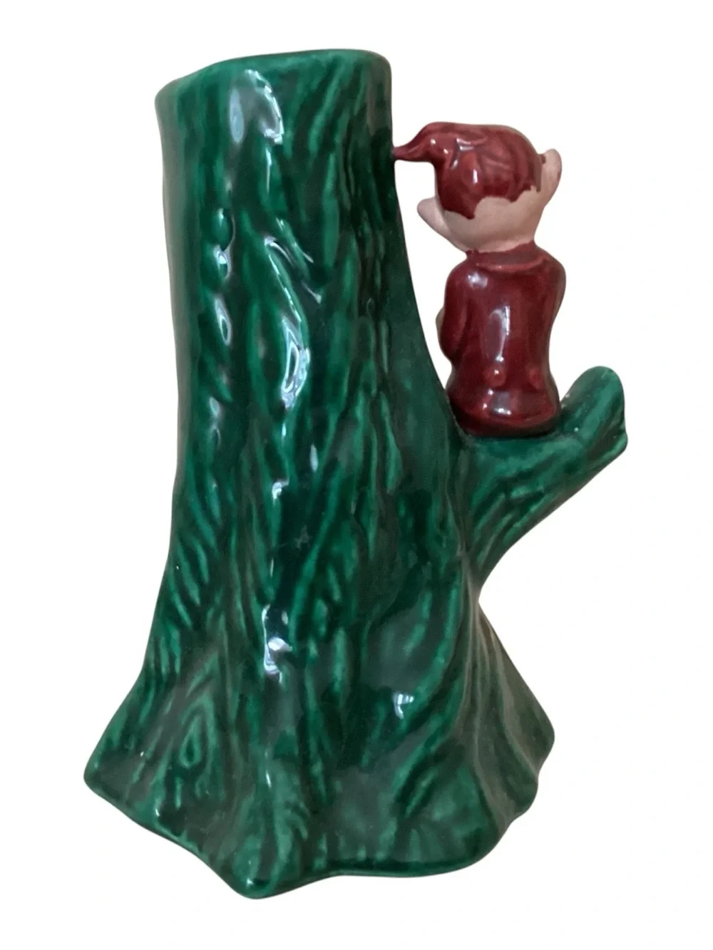 Vintage 50’s Gilner Green Tree Stump Vase Burgundy Elf Figurine 6”